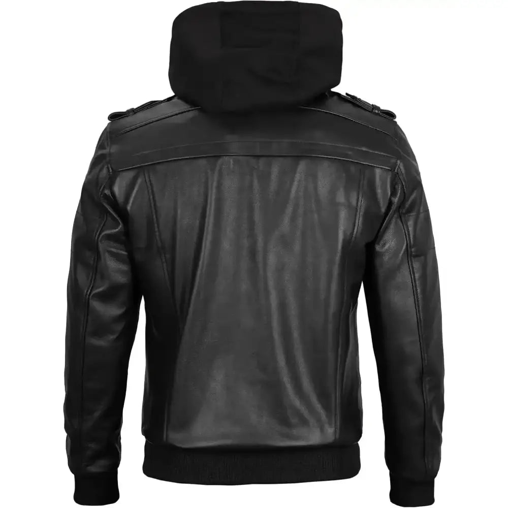 Men’s Hooded Genuine Black Leather Bomber Jacket