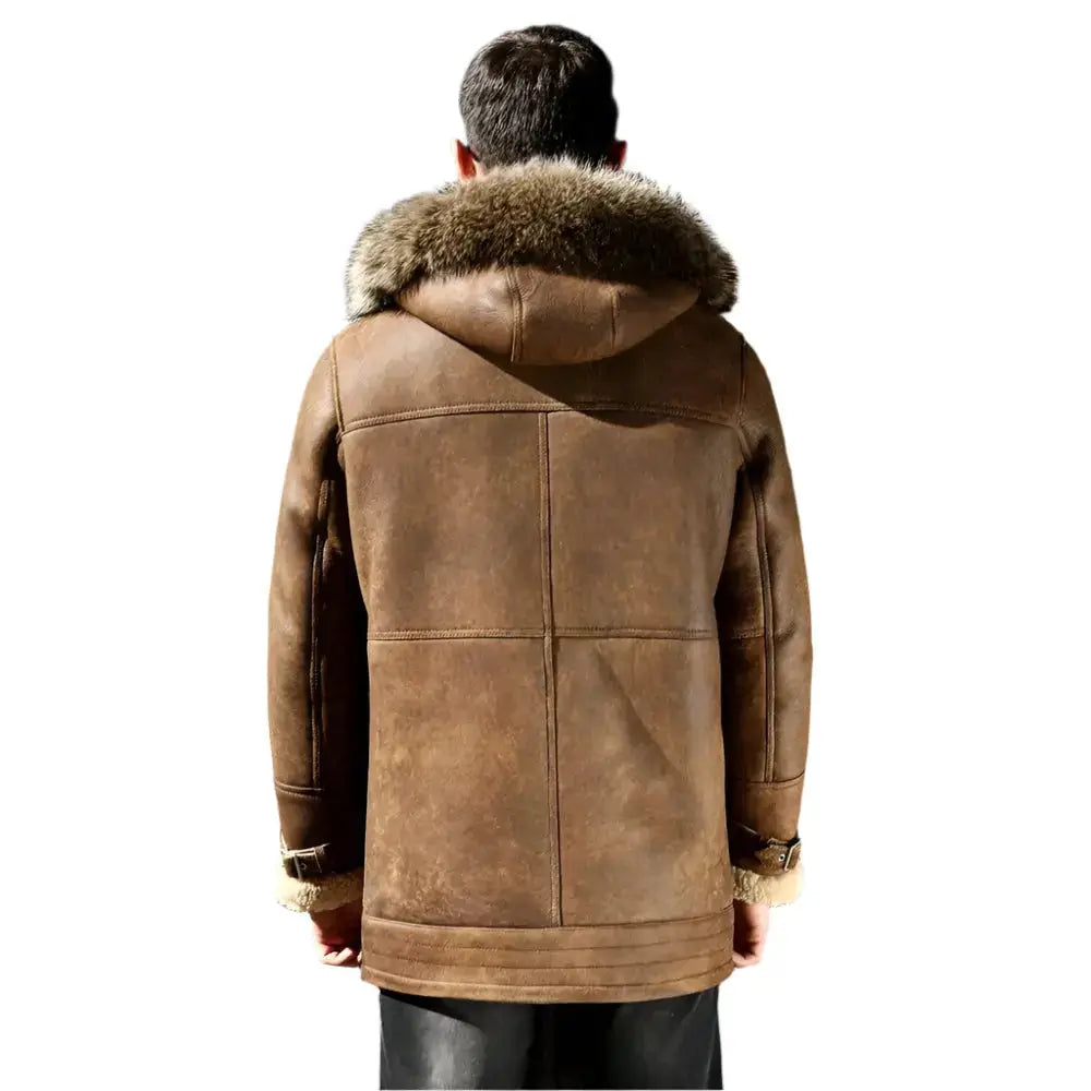 Mens Genuine Leather Shearling Hooded Coat
