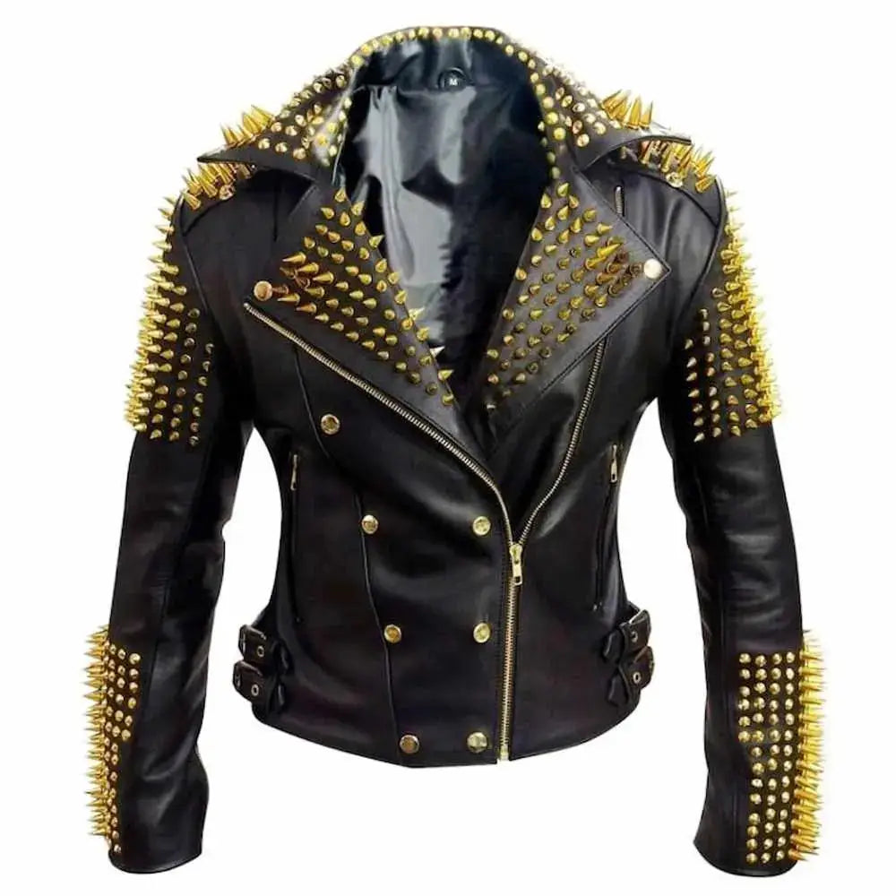Men’s Golden Studded Leather Motorcycle Jacket