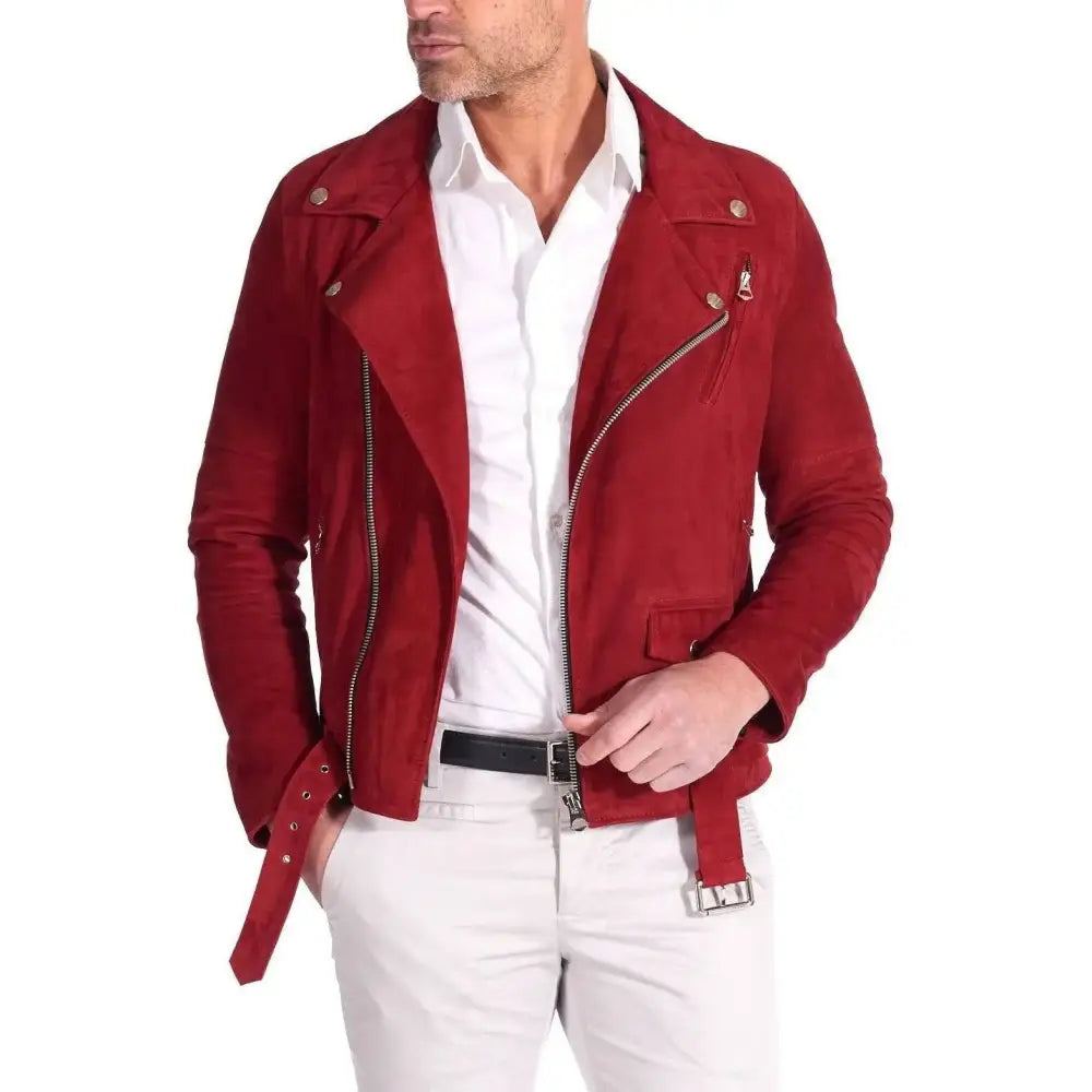 Men's Red Suede Leather Biker Jacket – Slim Fit