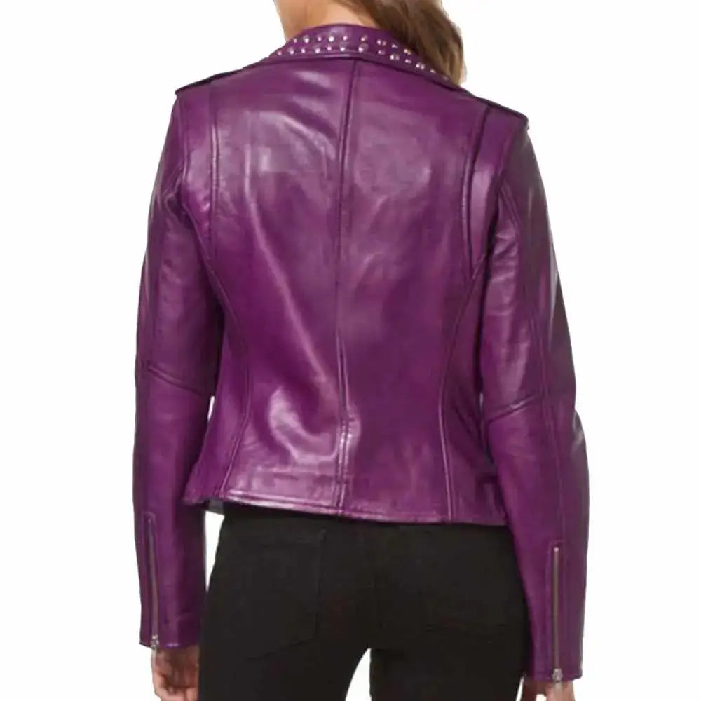 Women's Purple Leather Studded Biker Fashion Jacket