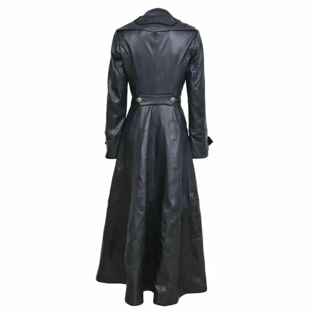 Women's Black Leather Military Trench Coat-3
