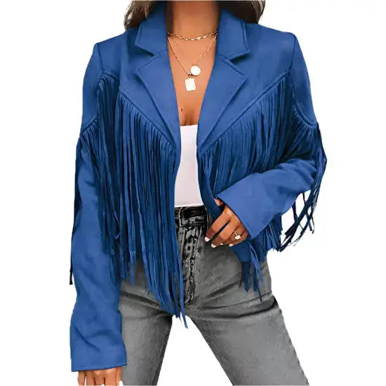 Women's Blue Suede Tassel Lapel Cropped Motorcycle Jacket