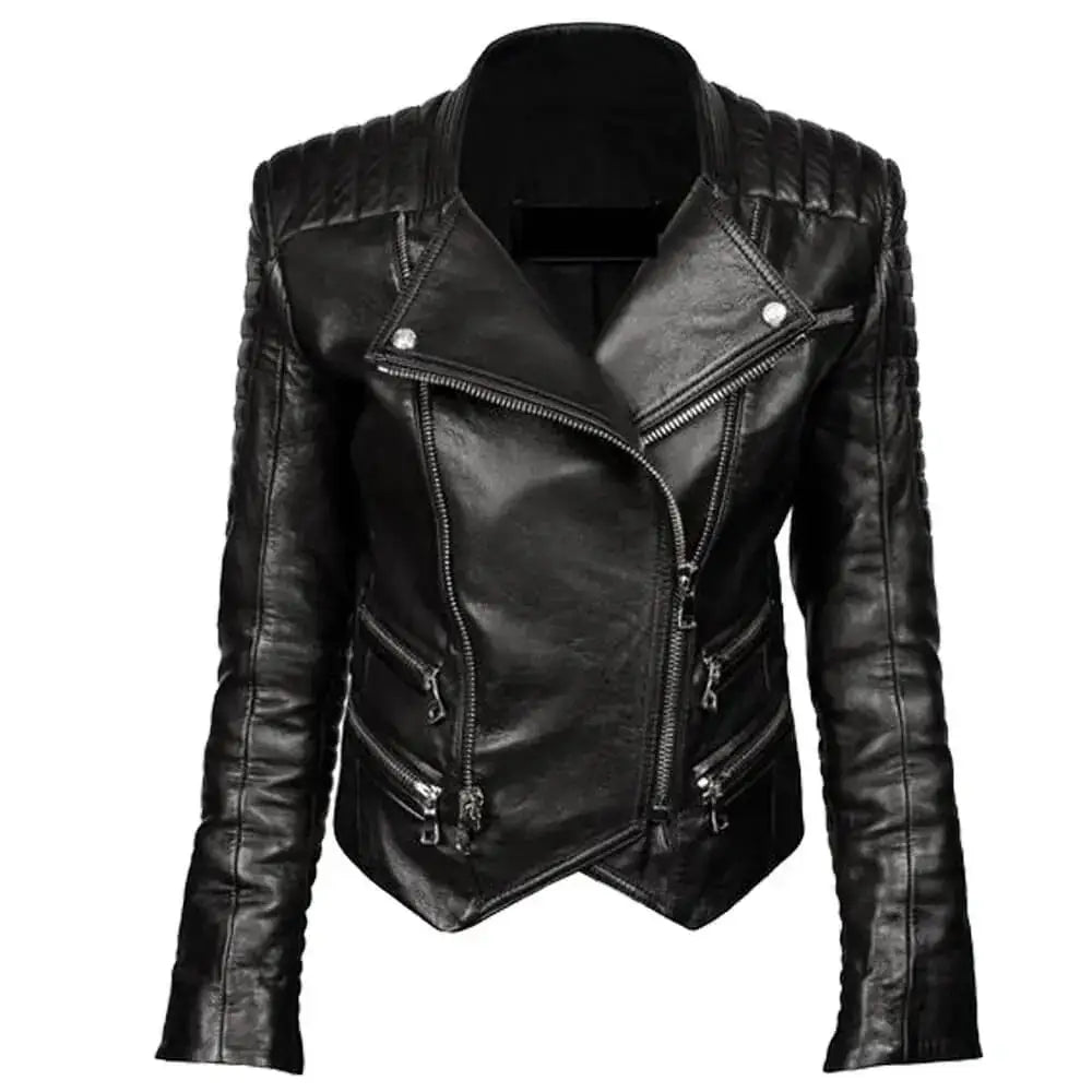 Women’s Genuine Leather Double-Zipper Biker Jacket-0