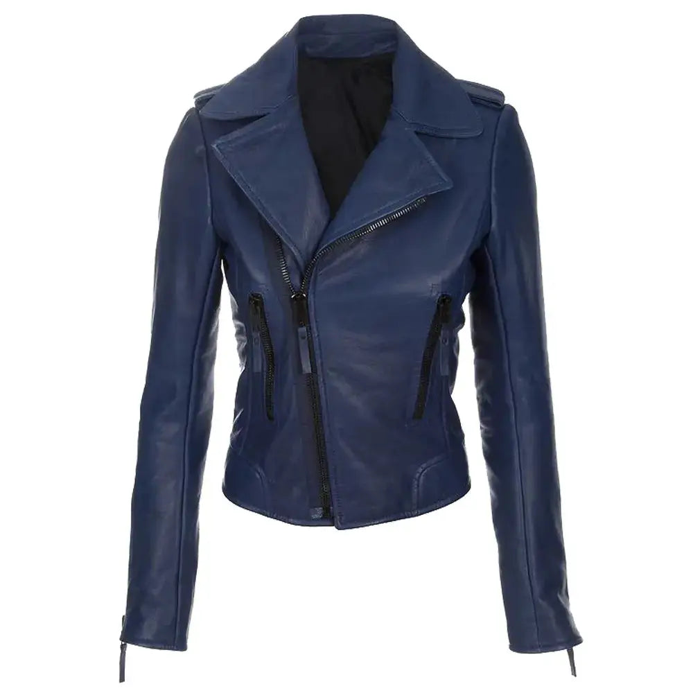 Women's Navy Blue Leather Biker Jacket