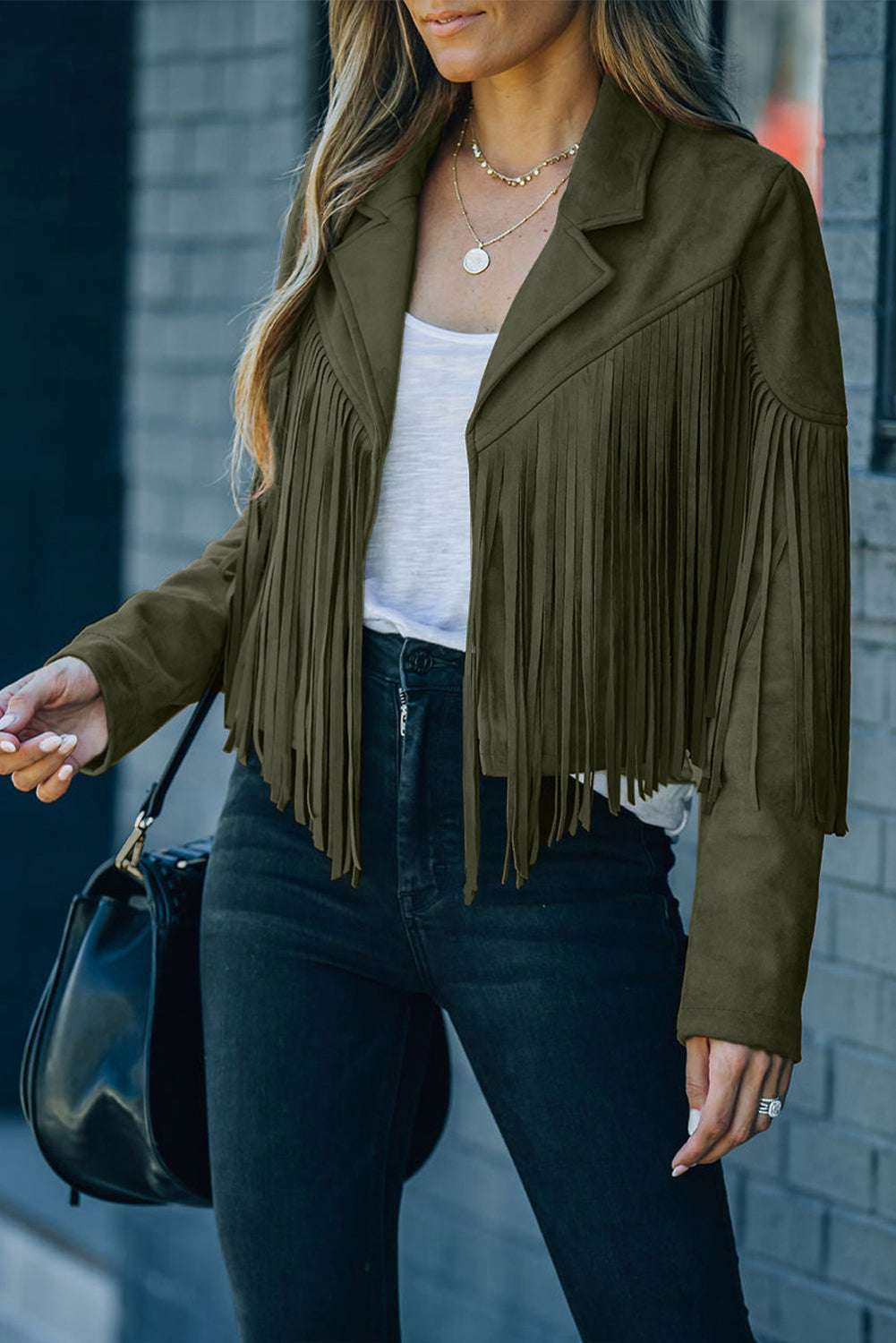 Green Cropped Fringe Faux Suede Jacket-4