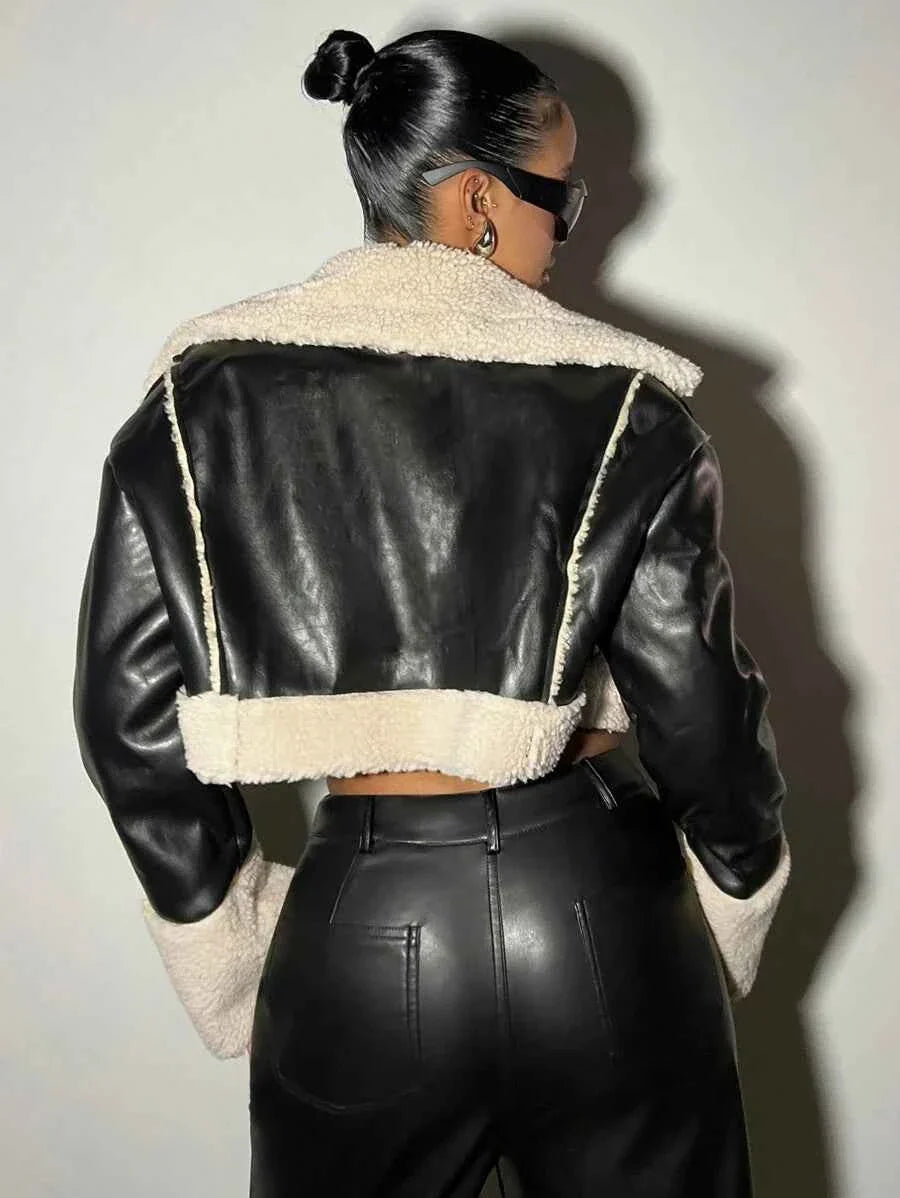 Kurze schwarze PU-Leder-Motorradjacke mit Teddyfutter-1