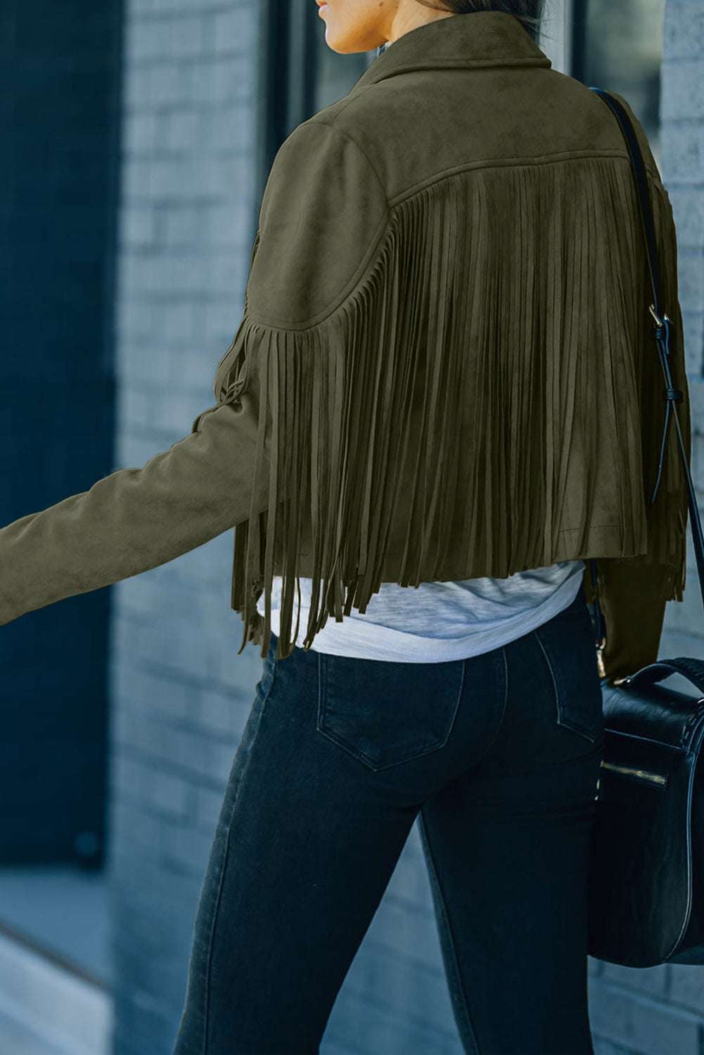 Green Cropped Fringe Faux Suede Jacket-1