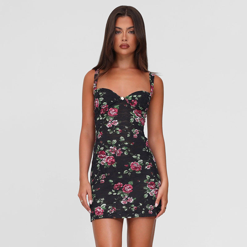 Lace flower hip hugging spicy girl dress