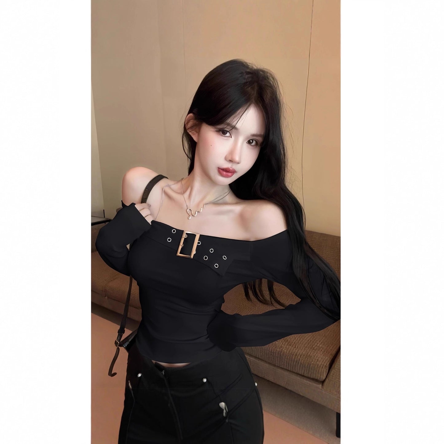 Sexy Off-Shoulder Long Sleeve T-Shirt for Women,  Fitted and Revealing Shoulder Top