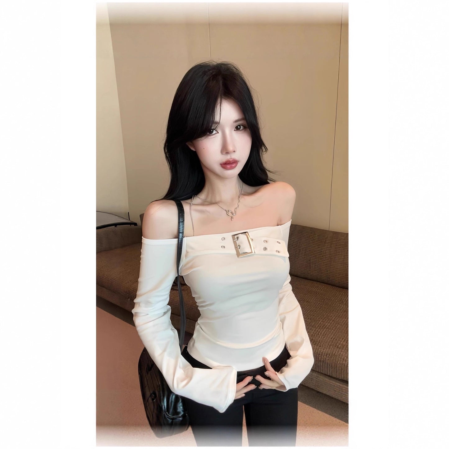 Sexy Off-Shoulder Long Sleeve T-Shirt for Women,  Fitted and Revealing Shoulder Top