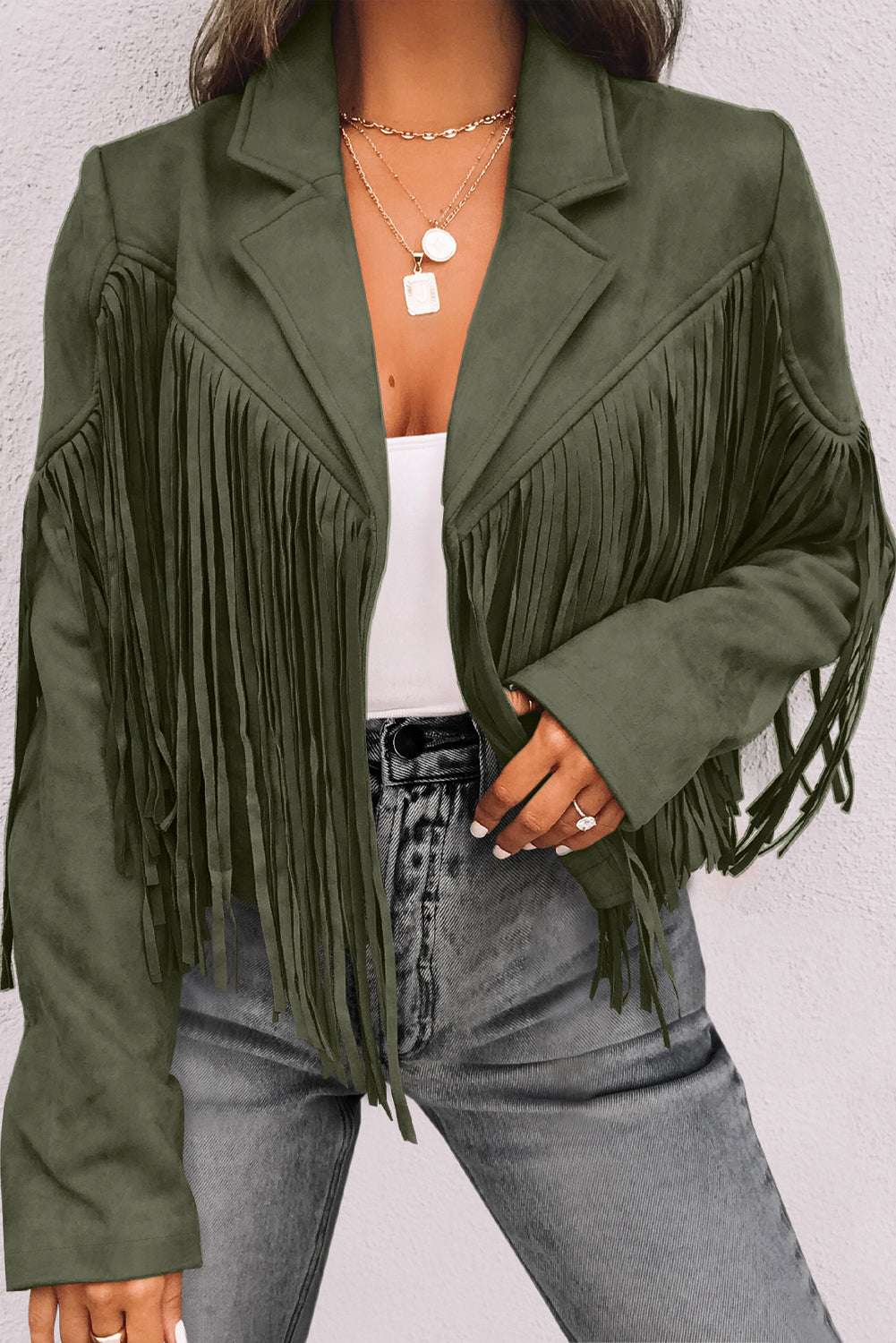 Green Cropped Fringe Faux Suede Jacket-0