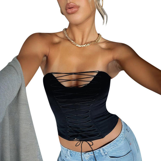 V-neck cross hollow strap sexy strapless top