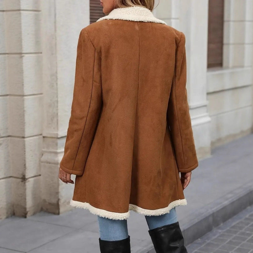 Women's Fleece-lined Mid-length Woolen Casual Warm Jacket