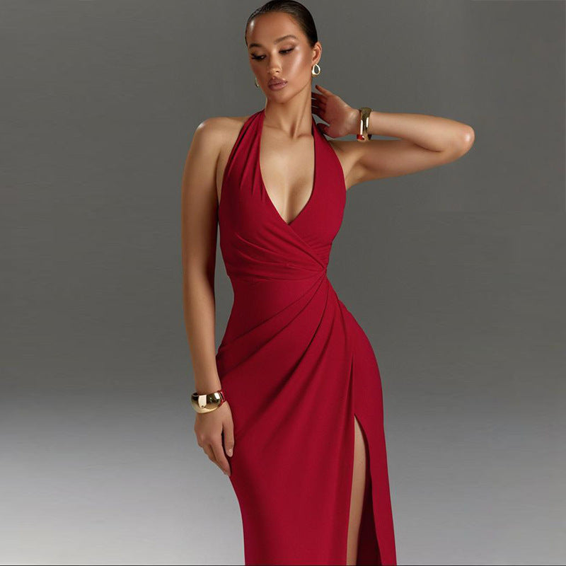 V-neck hanging neck high slit dress