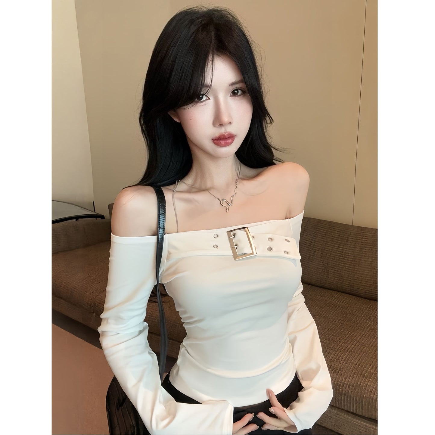 Sexy Off-Shoulder Long Sleeve T-Shirt for Women,  Fitted and Revealing Shoulder Top