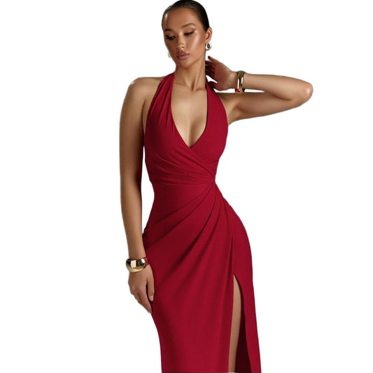 V-neck hanging neck high slit dress