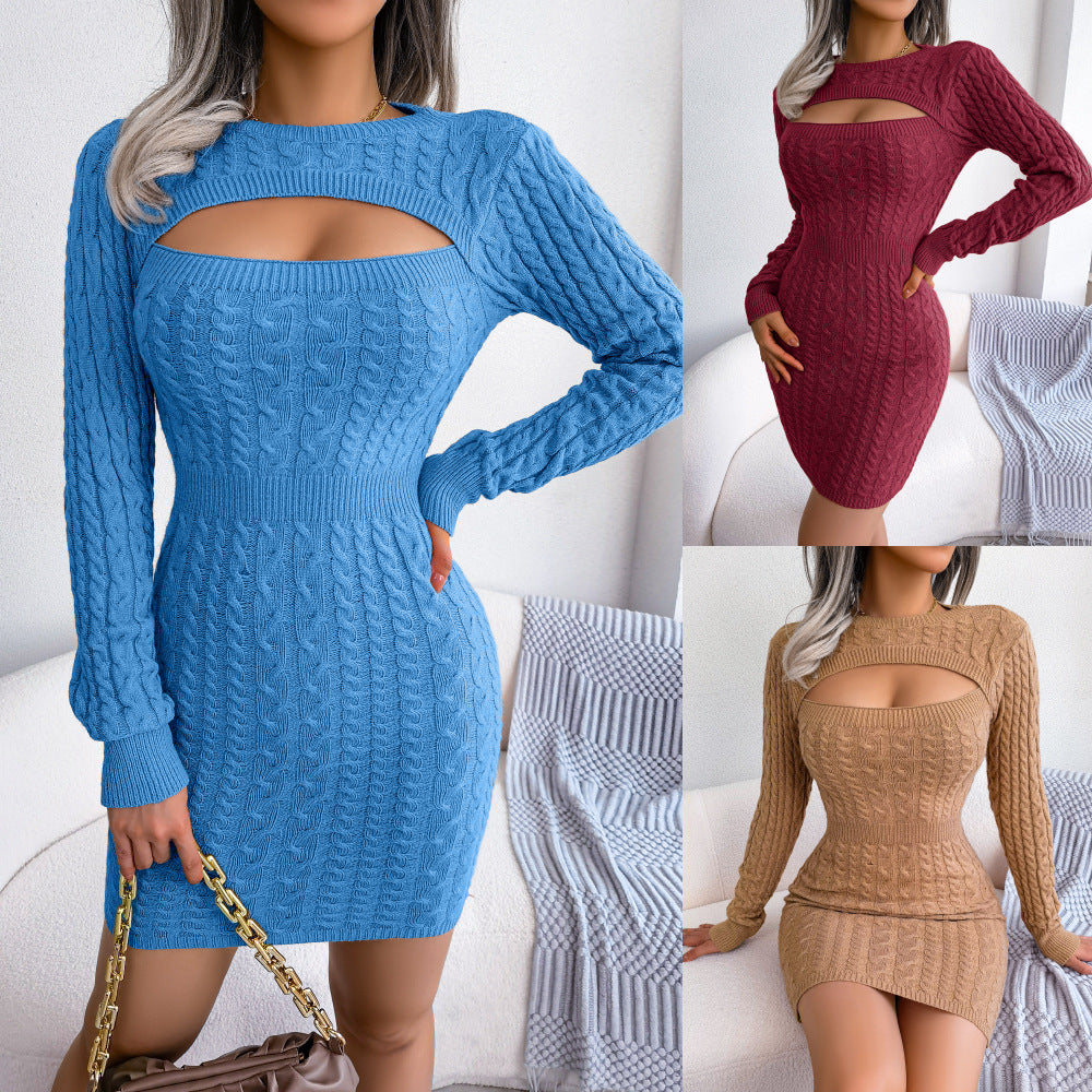 Autumn And Winter Sexy Hollow Twist Waist Bag Hip Skirt Sweater Dress For Women