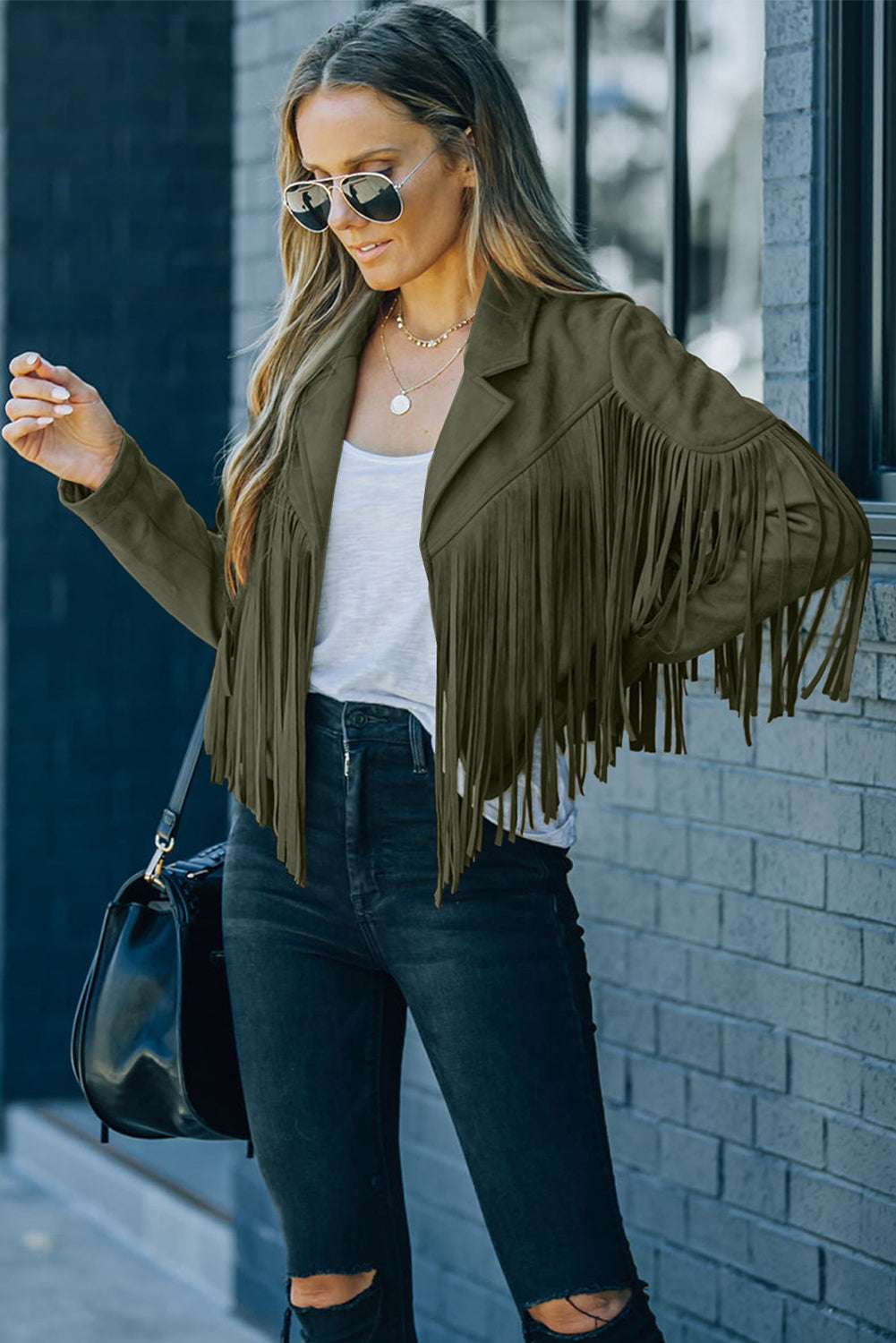 Green Cropped Fringe Faux Suede Jacket-2