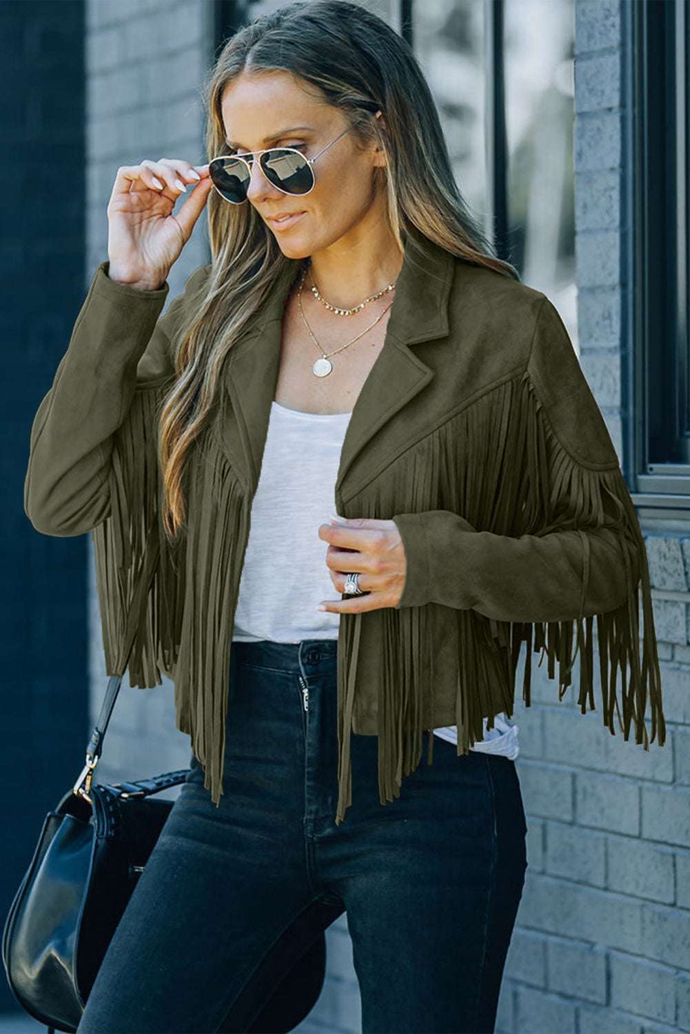 Green Cropped Fringe Faux Suede Jacket-3