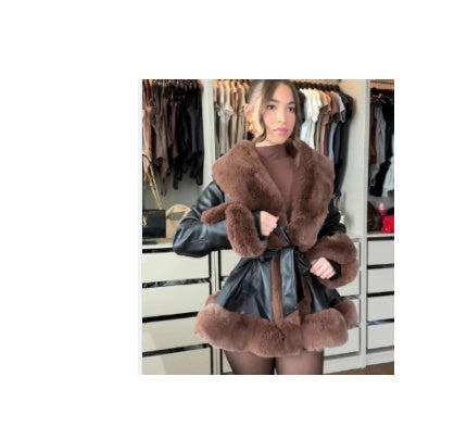 Collar Tie Waist Windbreaker Stitching Slim Long-sleeved Jacket