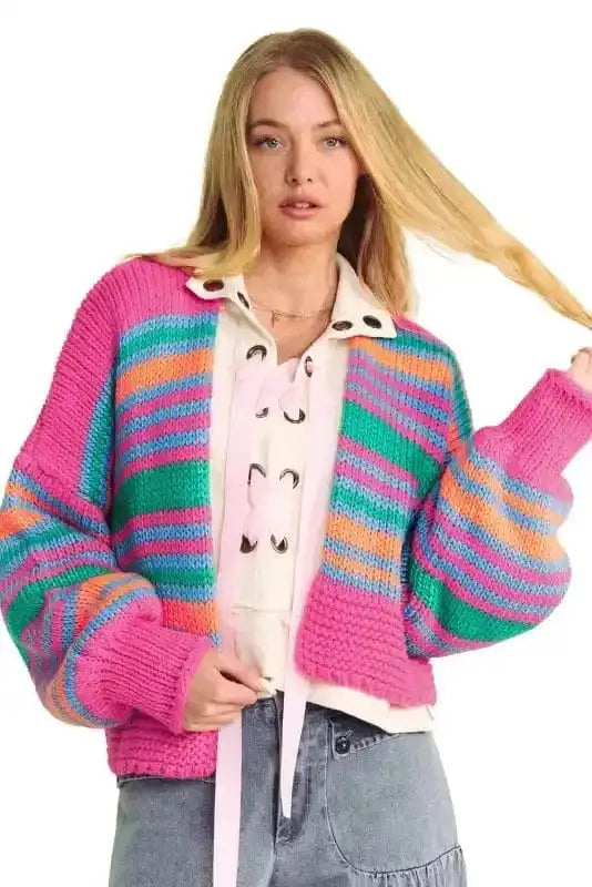 RosyStripes Puff Sleeve Cardigan-4