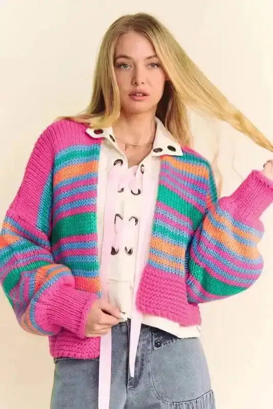 RosyStripes Puff Sleeve Cardigan-3
