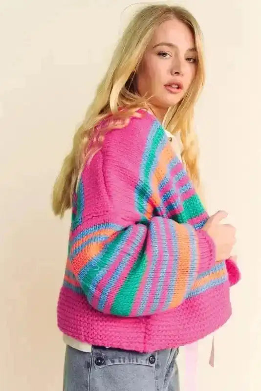 RosyStripes Puff Sleeve Cardigan-2