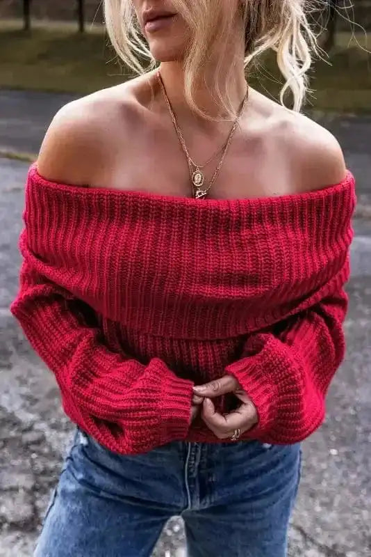 Crimson Cozy Shoulder-Bare Knit Sweater-2