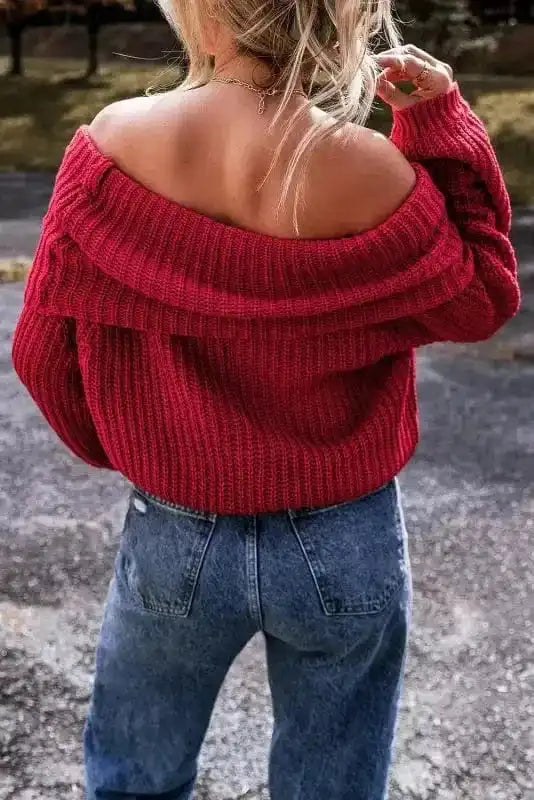 Crimson Cozy Shoulder-Bare Knit Sweater-1