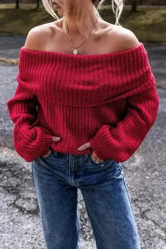 Crimson Cozy Shoulder-Bare Knit Sweater-0