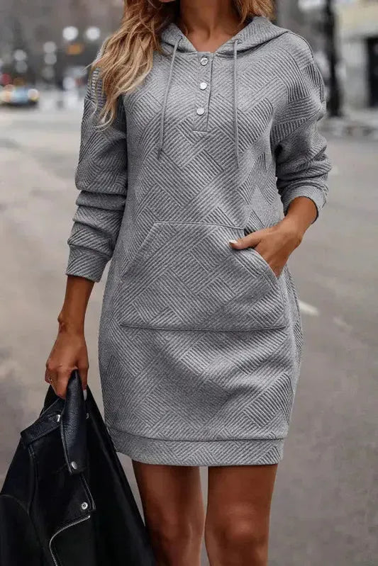 Gray Textured Kangaroo Pocket Drawstring Hooded Mini Dress-0
