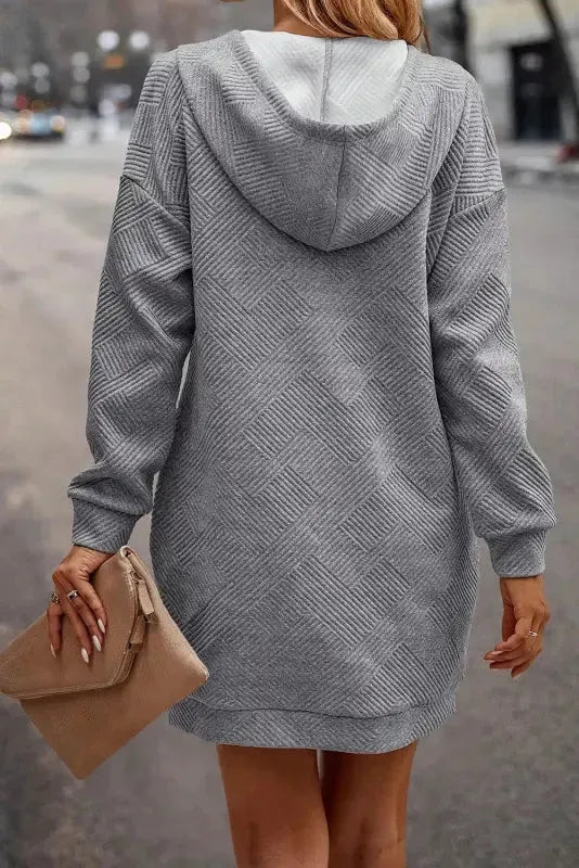 Gray Textured Kangaroo Pocket Drawstring Hooded Mini Dress-1