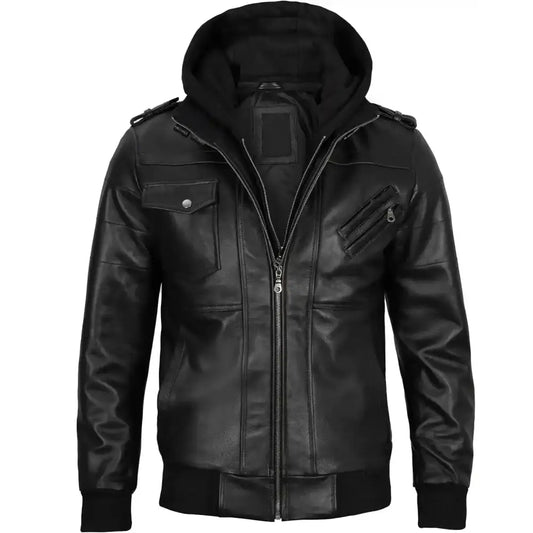 Men’s Hooded Genuine Black Leather Bomber Jacket