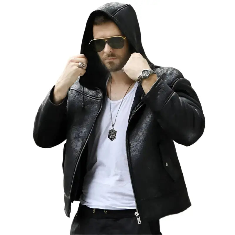 Men’s Hooded Black Shearling Winter Jacket