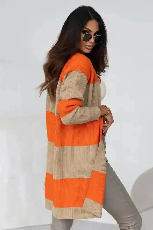 Chic Orange Cardigan: Colorblock Ribbed Knit Fashion-1