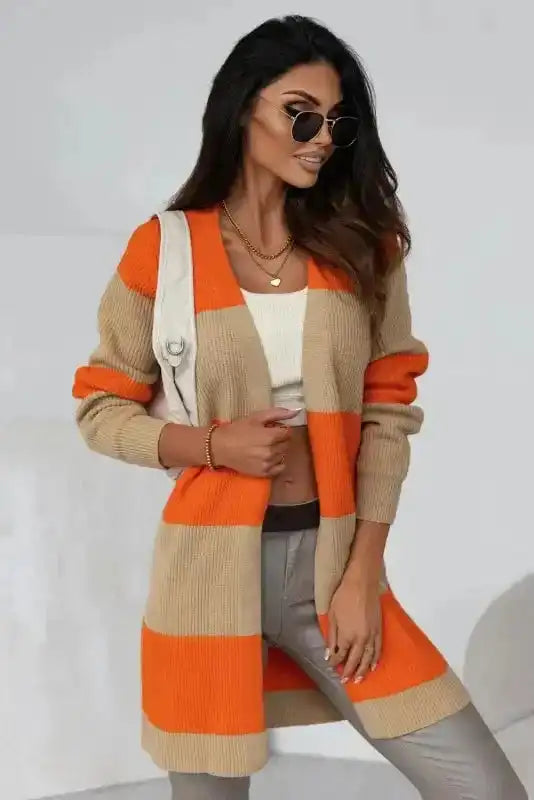 Chic Orange Cardigan: Colorblock Ribbed Knit Fashion-0