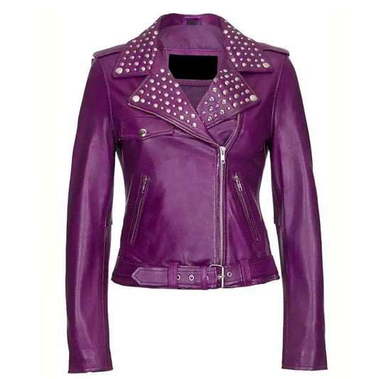 Women's Purple Leather Studded Biker Fashion Jacket