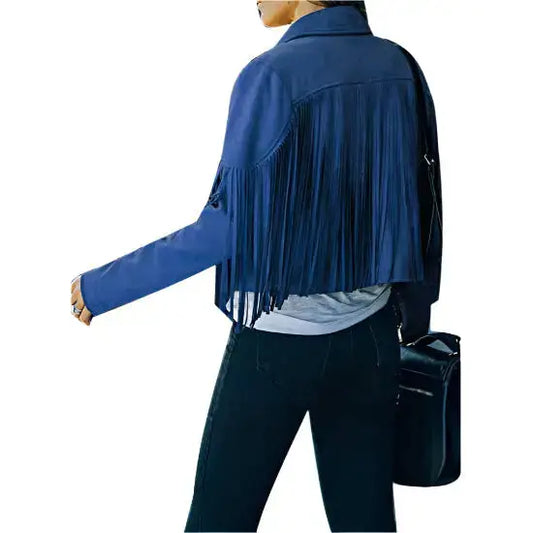 Women's Blue Suede Tassel Lapel Cropped Motorcycle Jacket