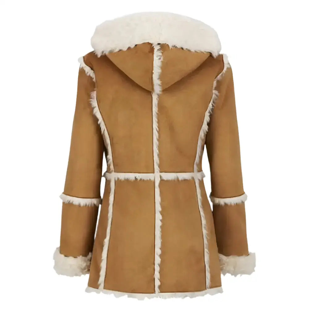 Women's Brown Suede Overcoat with Hooded Shearling Sheepskin Fur