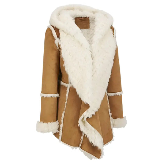 Women's Brown Suede Overcoat with Hooded Shearling Sheepskin Fur