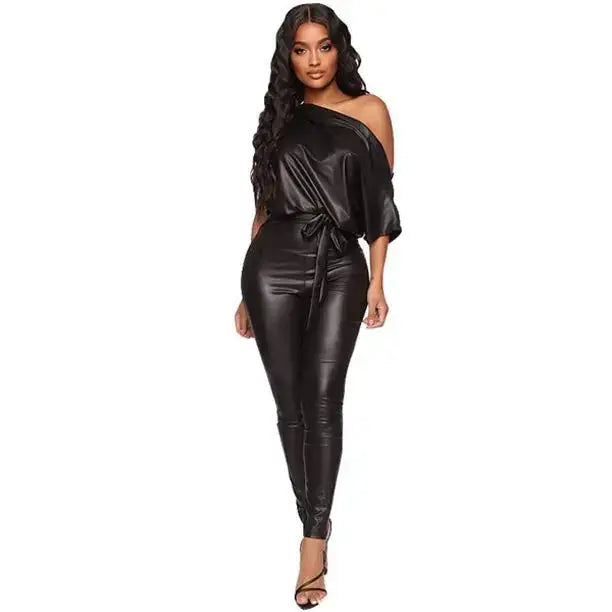 Women’s Fashion Off-Shoulder Leather Bodysuit Jumpsuit