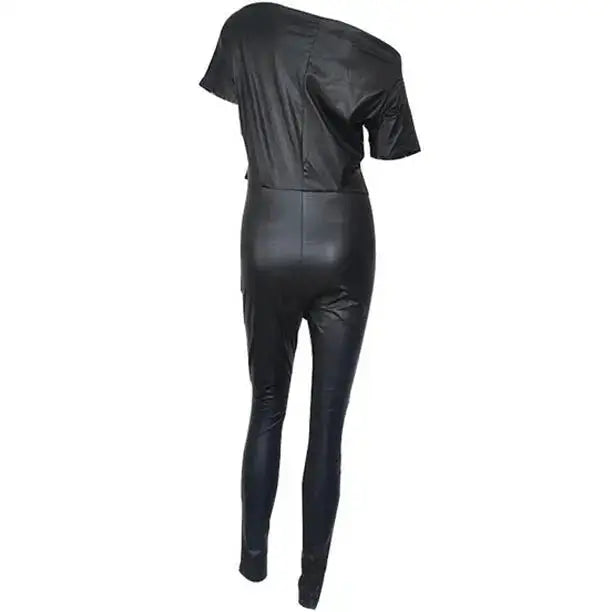 Women’s Fashion Off-Shoulder Leather Bodysuit Jumpsuit