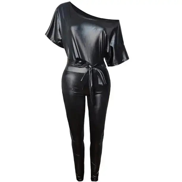 Women’s Fashion Off-Shoulder Leather Bodysuit Jumpsuit